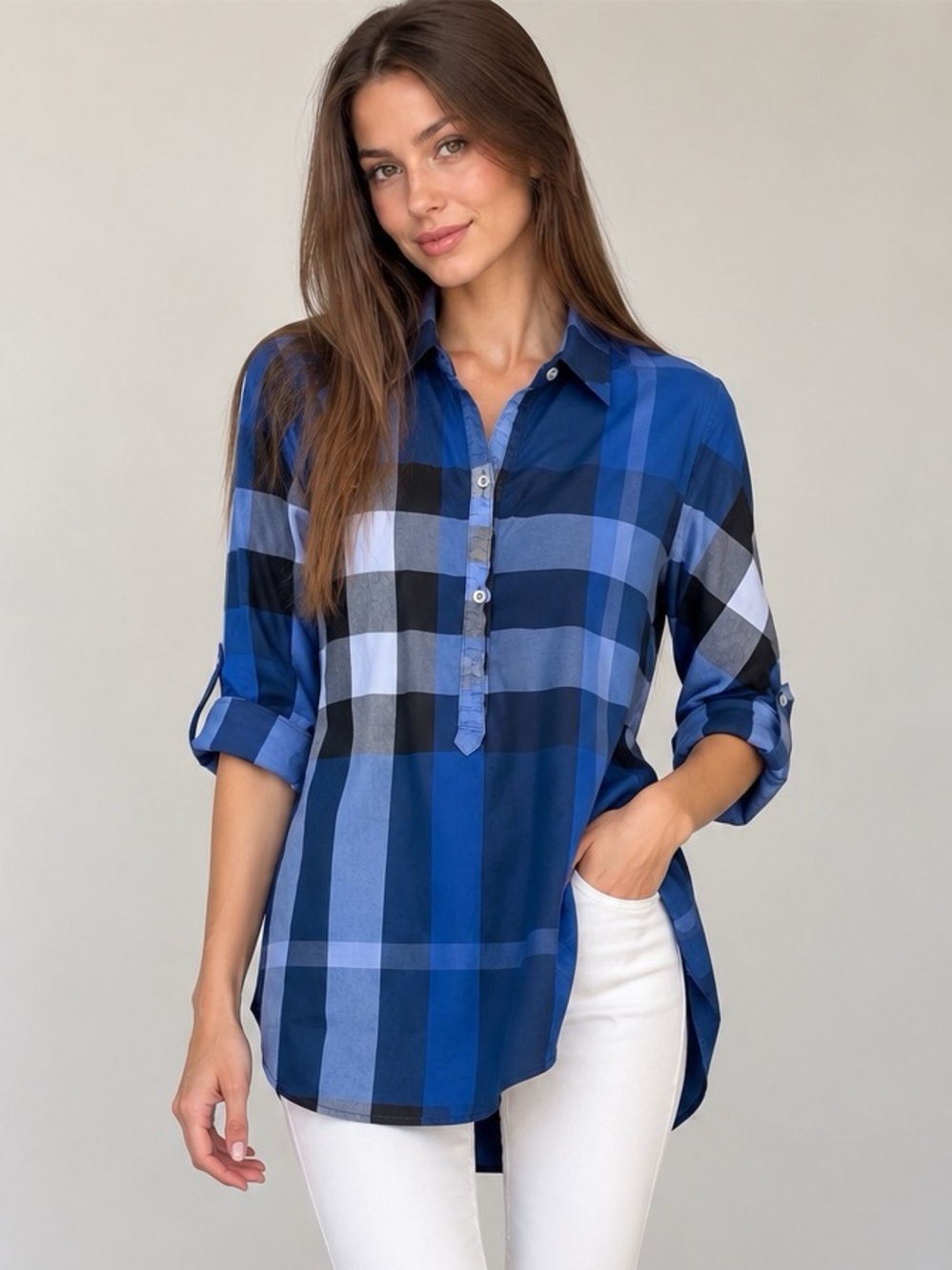 Burberry Brit Blue Check Plaid Long Sleeve Shirt Blouse XS